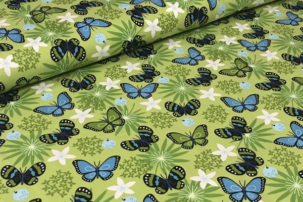 Baumwolljersey Jerseydruck Schmetterling Butterfly Blau Navy auf Grün