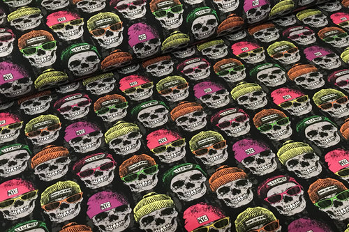 Sommersweat French Terry bedruckt Cool Skulls Skull Totenköpfe Neon