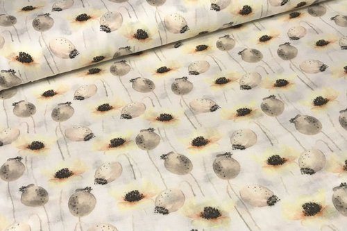 Musselin bedruckt Digitaldruck Baumwolle Mohnblume Ecru