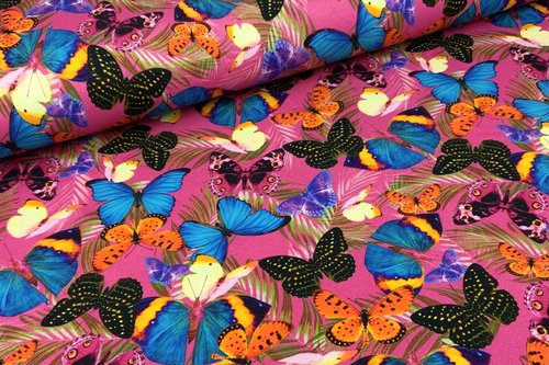 Sommersweat French Terry Butterfly Schmetterlinge Knallbunt auf Altrosa