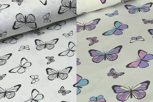 Baumwolljersey UV Magic Farbwechsel Jersey Schmetterlinge auf Weiß