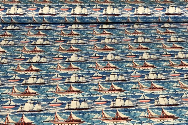 Baumwolljersey, Jersey, Motive, Schiffe, Meer, Segelschiffe, Maritim, Blau