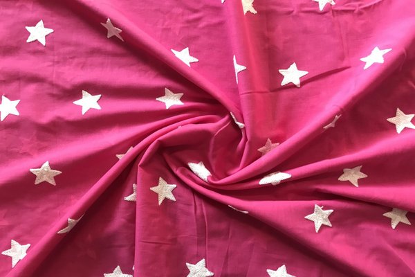 Baumwolle Webware Broderie bestickte Sterne Weiß auf Pink