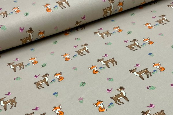 Baumwolljersey Jerseydruck Motive Fuchs und Bambi auf Beige