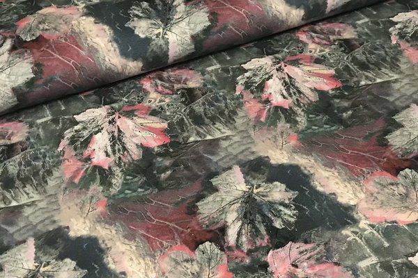 Baumwolljersey Jersey Digitaldruck Ahornblätter Aquarell Pink auf Grau