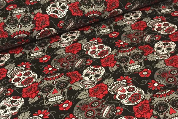 Baumwolljersey Jerseydruck Cool Totenkopf Skull Rot Weiß auf Schwarz