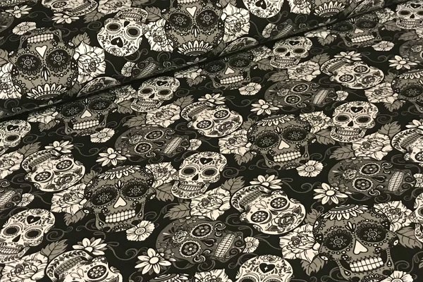 Baumwolljersey Jerseydruck Cool Totenkopf Skull Weiß auf Schwarz
