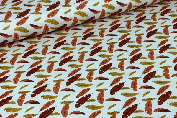 Baumwolljersey Jerseydruck Motive Federn Orange Rot auf Weiß