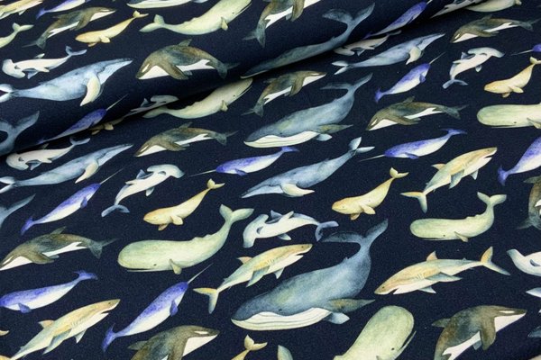 Baumwolljersey Jerseydruck (Organic Bio)  Schönheiten der Meere Navy - Jeans