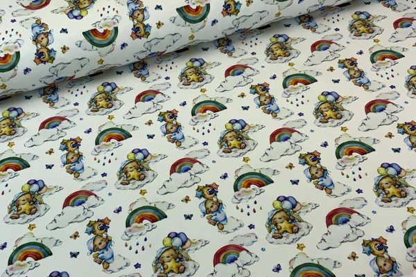 Baumwolljersey Digitaldruck Schlafmütze Regenbogen Teddybär auf Ecru