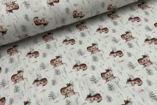 Musselin bedruckt Digitaldruck Baumwolle Waldtiere auf Weiß