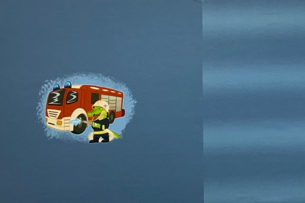 Baumwolljersey Digitaldruck Panel Kroko der Feuerwehrmann auf Jeans