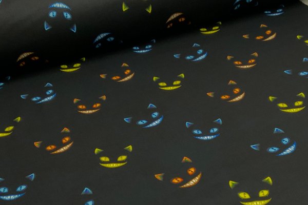 Softshell Digital Grinsekatze Ghost Cats Gelb Orange Blau auf Schwarz