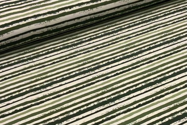 Baumwolljersey Jerseydruck Ringel Pinselstriche schmal Waldgrün auf Ecru