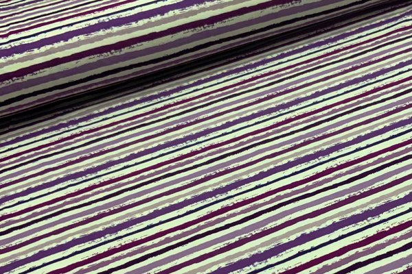 Baumwolljersey Jerseydruck Ringel Pinselstriche schmal Violett auf Ecru