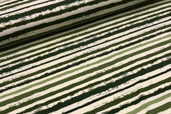Baumwolljersey Jerseydruck Ringel Pinselstriche breit Waldgrün auf Ecru