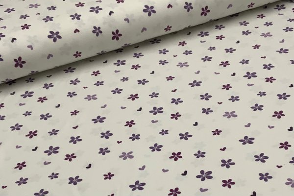 Baumwolljersey Jerseydruck Streublüten Violett auf Weiß