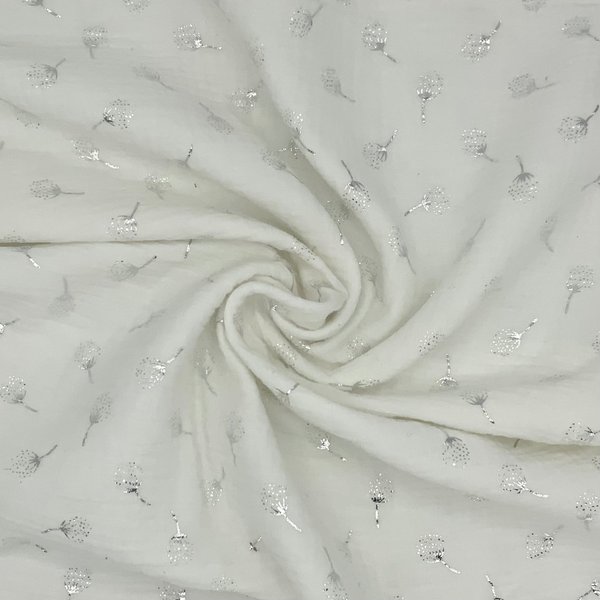 Musselin Double Gauze Foliendruck Silber Löwenzahn auf Off Weiß