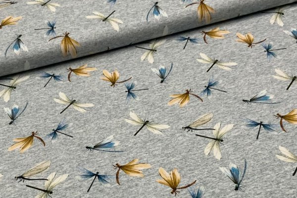 Baumwolljersey Digitaldruck Grau Blau meliert Libelle